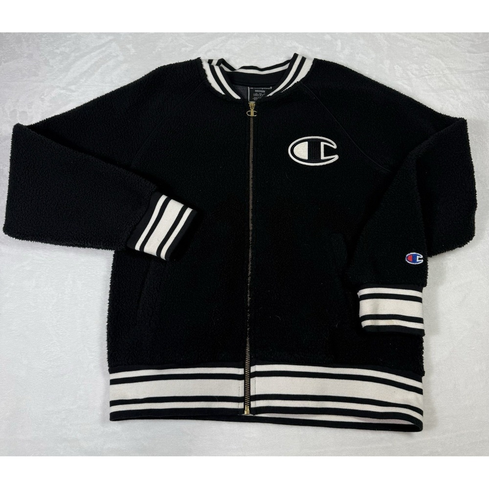 Champion Varsity Sherpa Jacket Women's Size Medium Black Soft Coat Embroidered